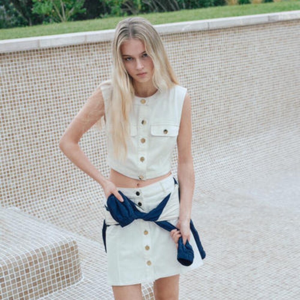 H&M White Denim Cropped Vest Top & A-Line Mini Skirt Set